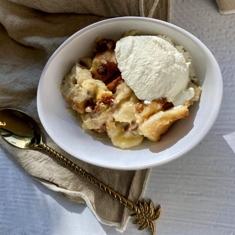 Banana and custard bread pudding with ice cream