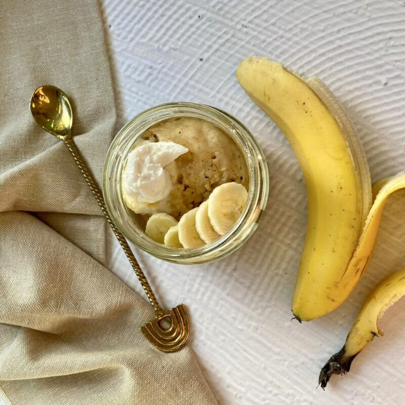 Pancake in a jar with sliced bananas on top