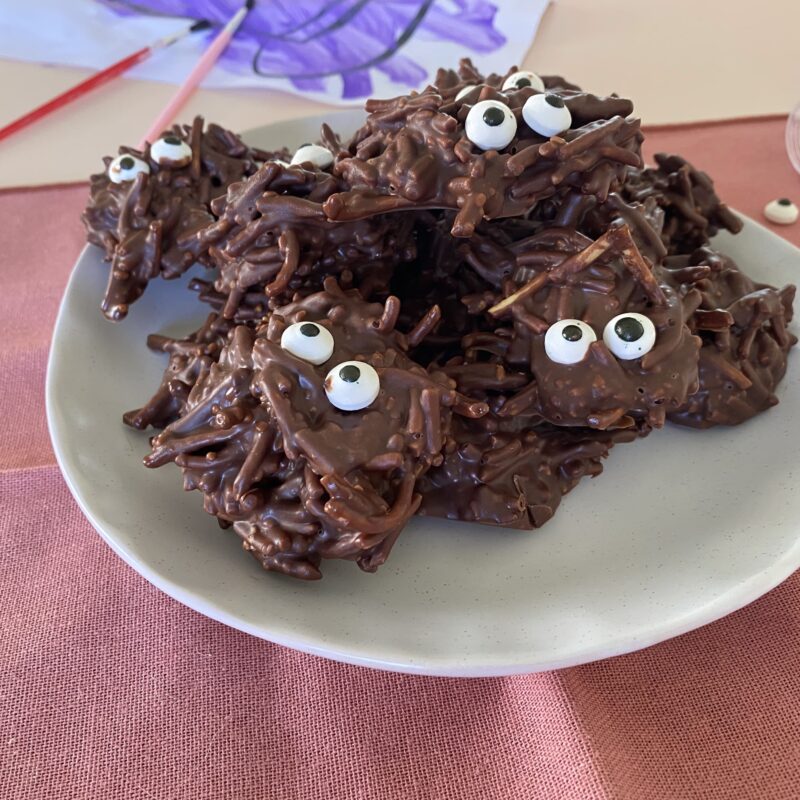 Chocolate Spiders on a white plate