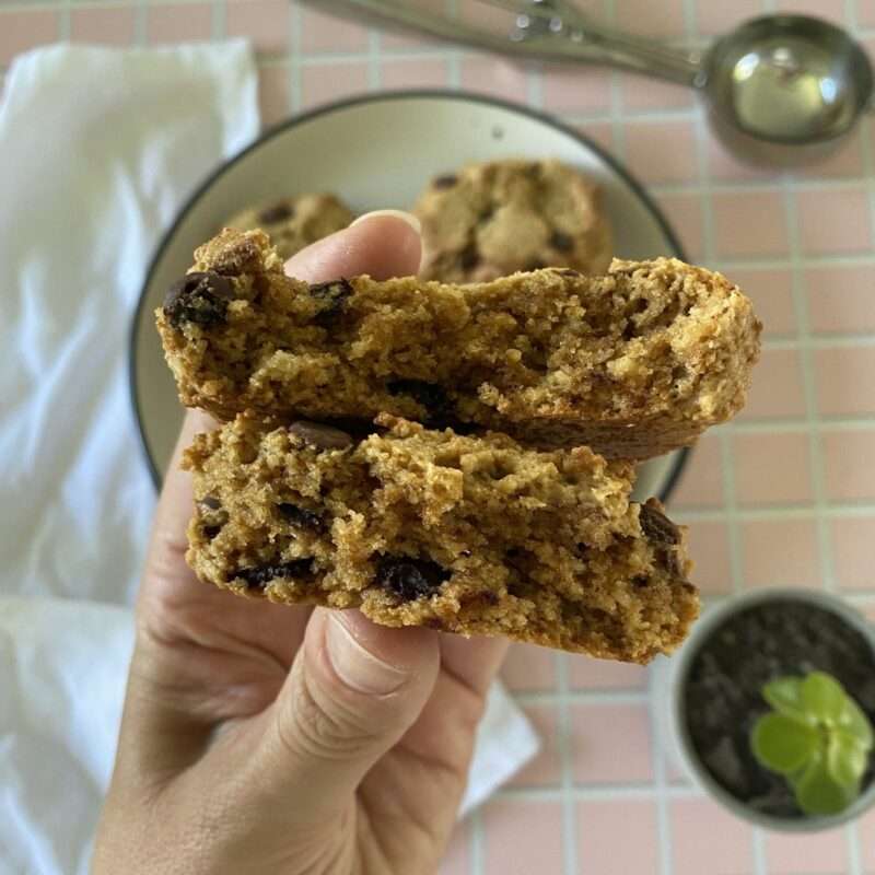 Hand holding two stacked choc chip cookies